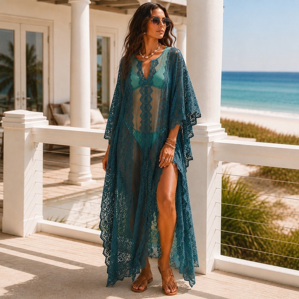 Jen's Pirate Booty Mykonos Kaftan Teal Lace Boho Festival Beach Resort Mermaid
